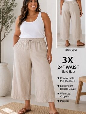 Parachute 3X Double Gauze Wide Leg Crop Pants Beige Pull-On Coastal Boho Pockets